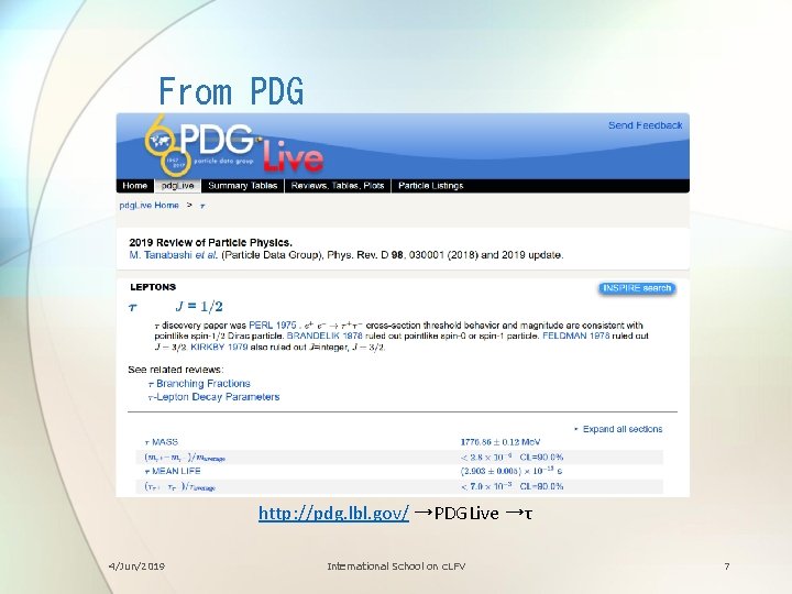 From PDG http: //pdg. lbl. gov/ →PDGLive →τ 4/Jun/2019 International School on c. LFV