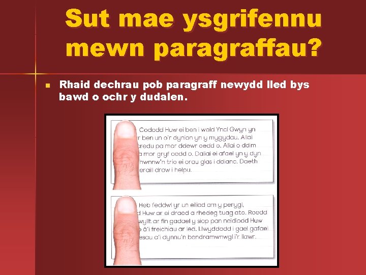 Sut mae ysgrifennu mewn paragraffau? n Rhaid dechrau pob paragraff newydd lled bys bawd