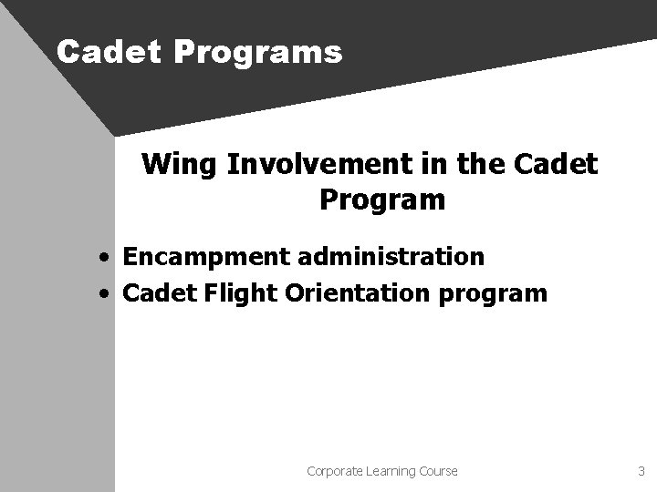 Cadet Programs Wing Involvement in the Cadet Program • Encampment administration • Cadet Flight