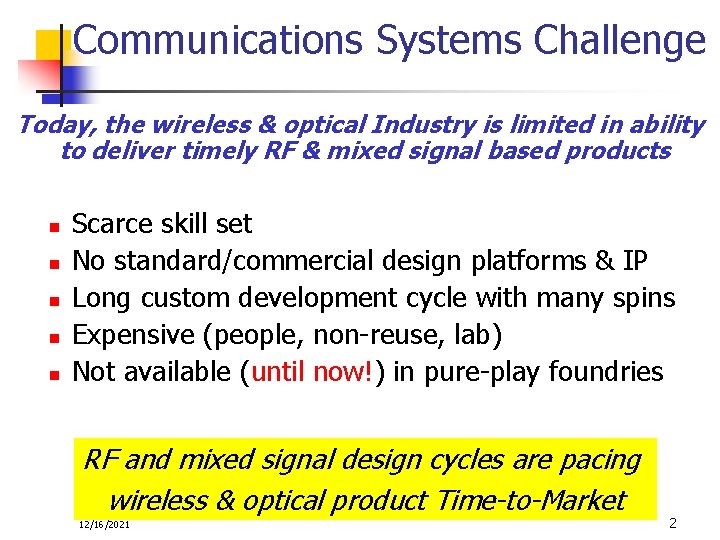 Communications Systems Challenge Today, the wireless & optical Industry is limited in ability to