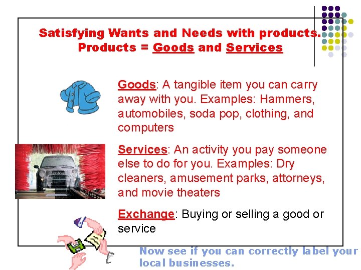 Satisfying Wants and Needs with products. Products = Goods and Services Goods: A tangible