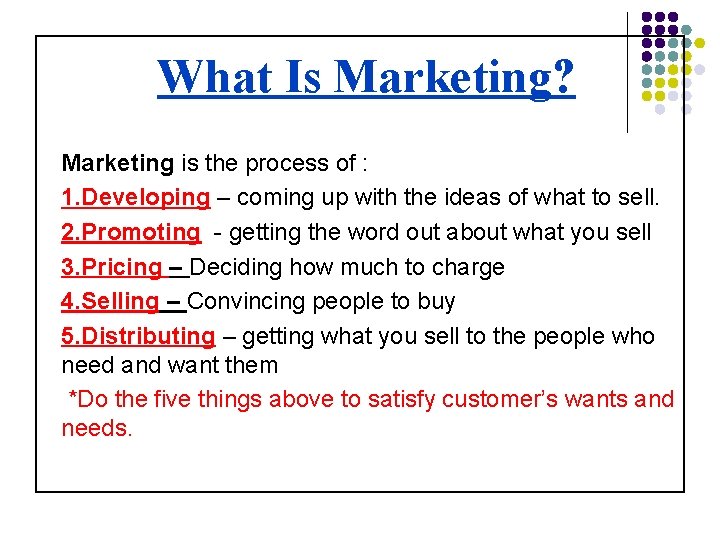 What Is Marketing? Marketing is the process of : 1. Developing – coming up