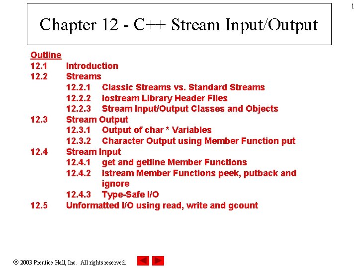 1 Chapter 12 - C++ Stream Input/Output Outline 12. 1 Introduction 12. 2 Streams