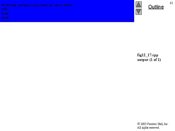 Printing integers preceded by their base: 100 0144 0 x 64 Outline fig 12_17.