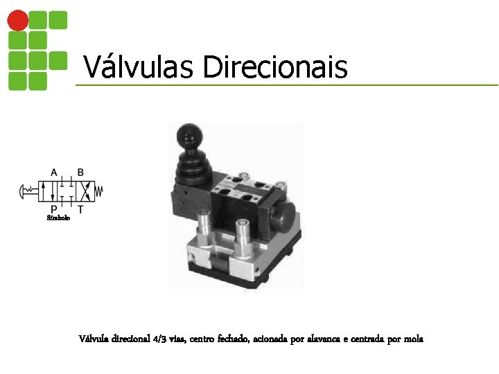 Válvulas Direcionais Símbolo Válvula direcional 4/3 vias, centro fechado, acionada por alavanca e centrada