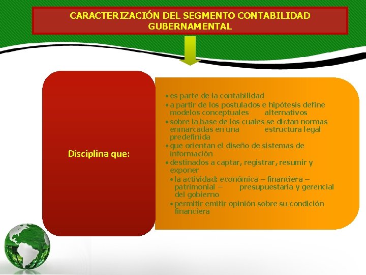 CARACTERIZACIÓN DEL SEGMENTO CONTABILIDAD GUBERNAMENTAL Disciplina que: • es parte de la contabilidad •