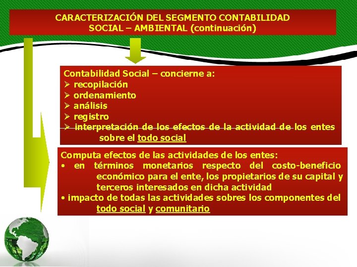 CARACTERIZACIÓN DEL SEGMENTO CONTABILIDAD SOCIAL – AMBIENTAL (continuación) Contabilidad Social – concierne a: Ø