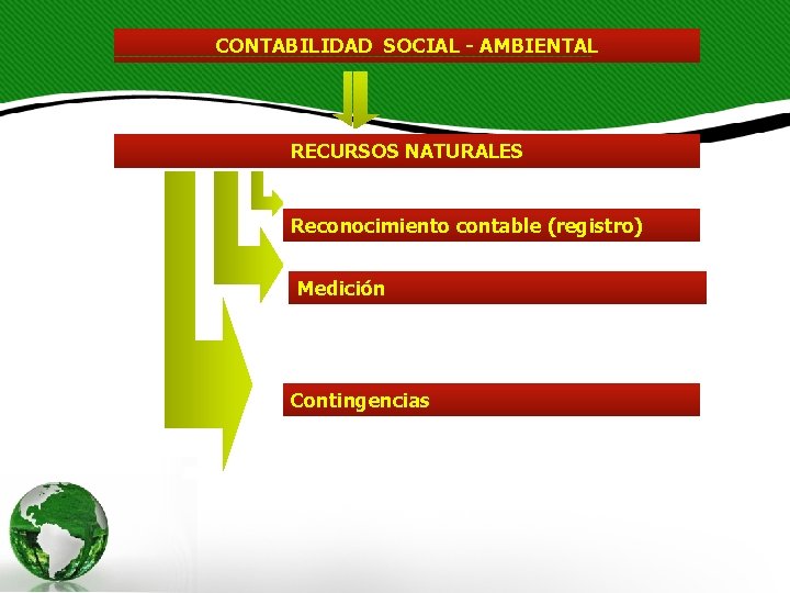 CONTABILIDAD SOCIAL - AMBIENTAL RECURSOS NATURALES Reconocimiento contable (registro) Medición Contingencias 