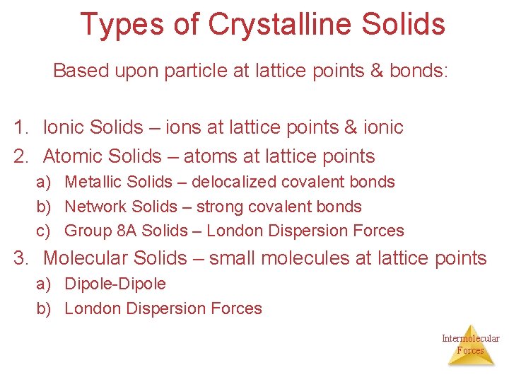 Types of Crystalline Solids Based upon particle at lattice points & bonds: 1. Ionic