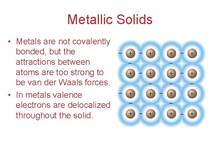Metallic Solids • Metals are not covalently bonded, but the attractions between atoms are