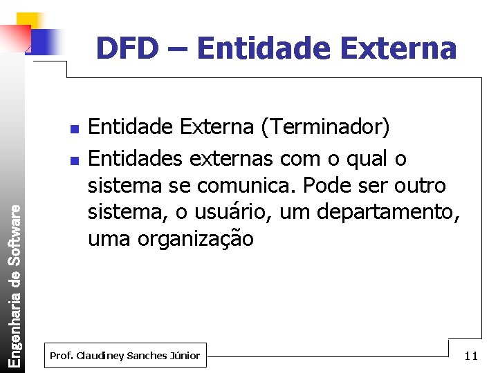 DFD – Entidade Externa n Engenharia de Software n Entidade Externa (Terminador) Entidades externas