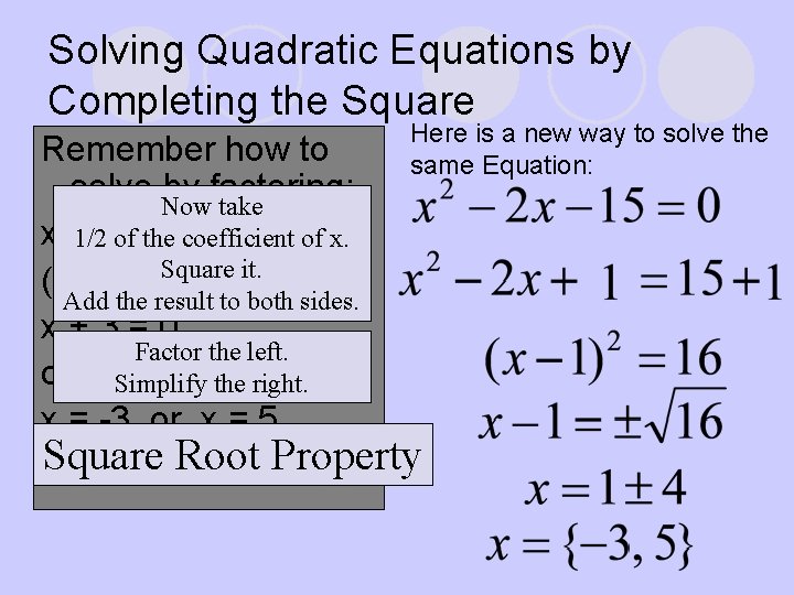 Solving Quadratic Equations by Completing the Square Here is a new way to solve