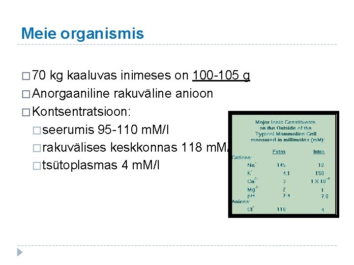 Meie organismis � 70 kg kaaluvas inimeses on 100 -105 g � Anorgaaniline rakuväline