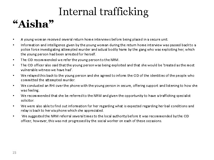 Internal trafficking “Aisha” • • • 15 A young woman received several return home