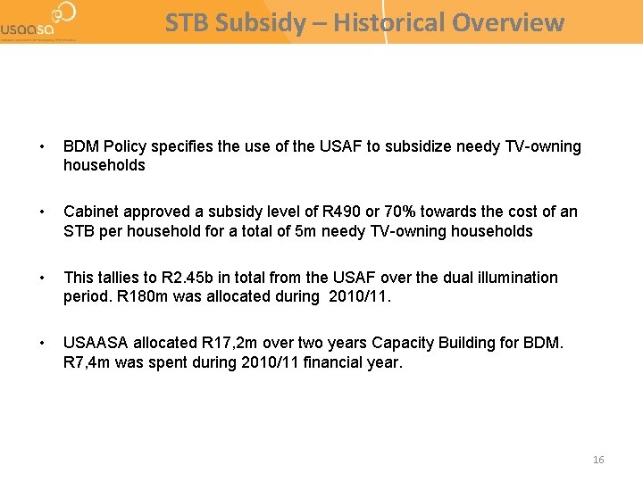 STB Subsidy – Historical Overview • BDM Policy specifies the use of the USAF