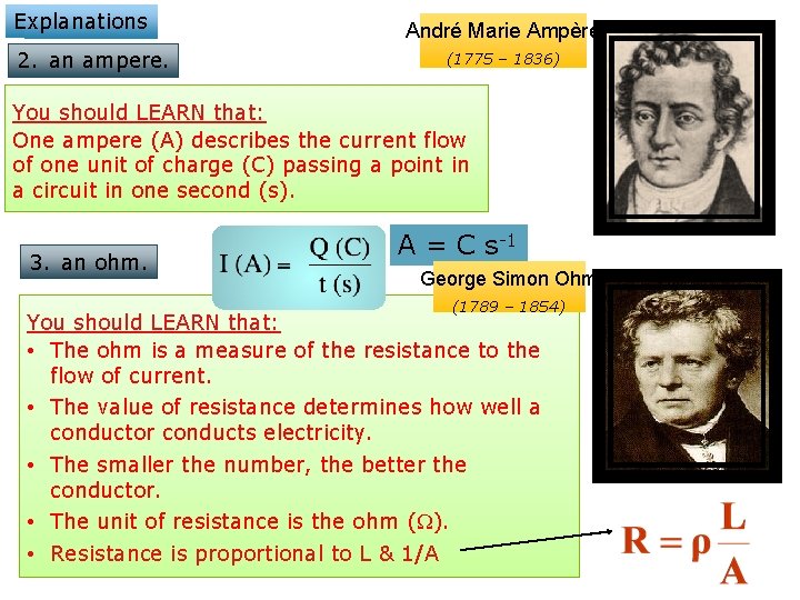 Explanations 2. an ampere. André Marie Ampère (1775 – 1836) You should LEARN that: