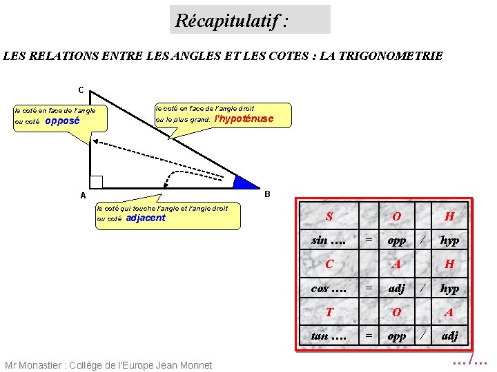 Récapitulatif : LES RELATIONS ENTRE LES ANGLES ET LES COTES : LA TRIGONOMETRIE C