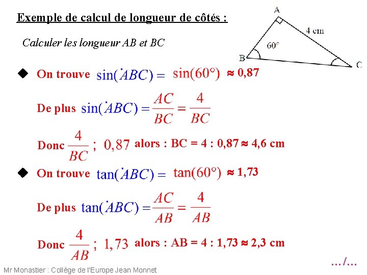 Exemple de calcul de longueur de côtés : Calculer les longueur AB et BC