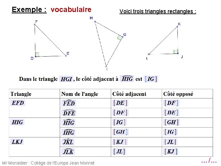 Exemple : vocabulaire Mr Monastier : Collège de l’Europe Jean Monnet Voici trois triangles