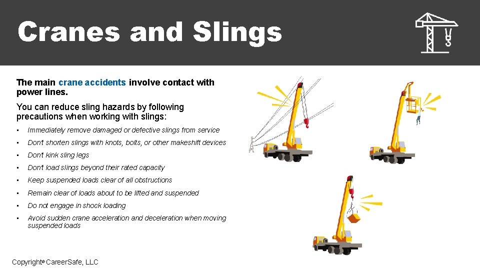 Cranes and Slings The main crane accidents involve contact with power lines. You can