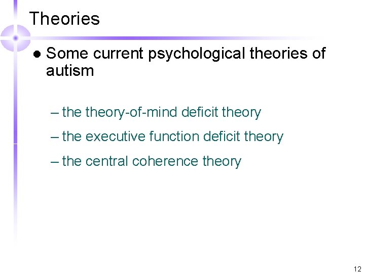 Theories l Some current psychological theories of autism – theory-of-mind deficit theory – the