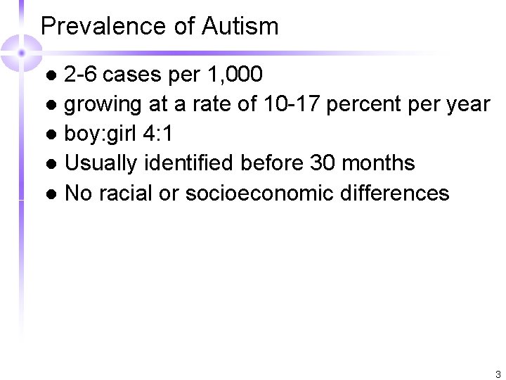 Prevalence of Autism 2 -6 cases per 1, 000 l growing at a rate