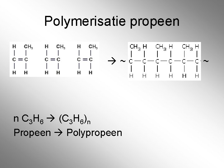 Polymerisatie propeen ~ n C 3 H 6 (C 3 H 6)n Propeen Polypropeen
