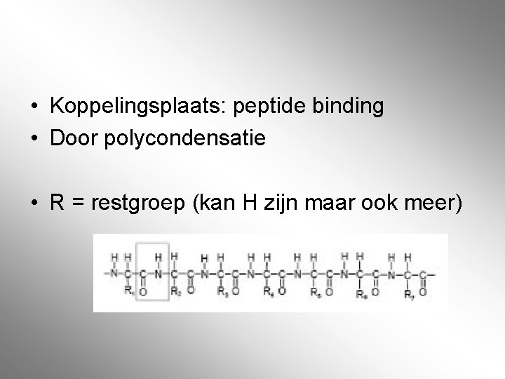  • Koppelingsplaats: peptide binding • Door polycondensatie • R = restgroep (kan H