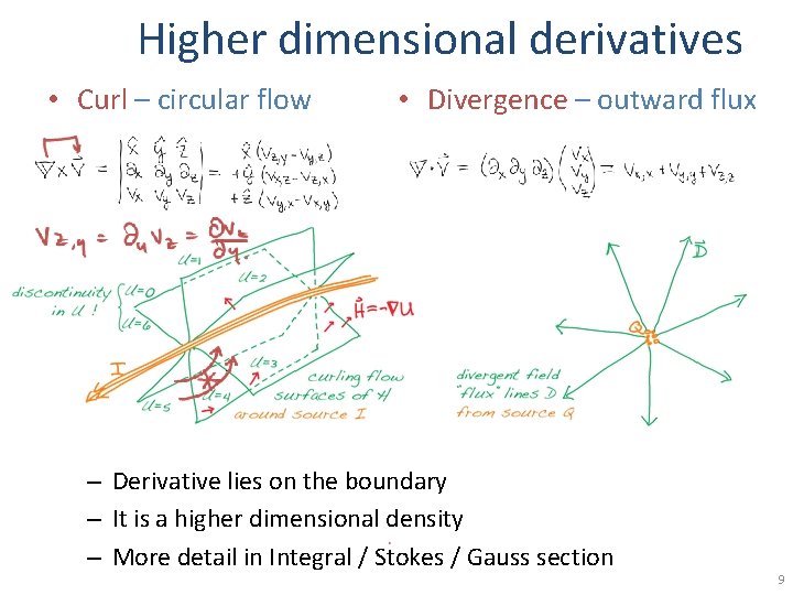Higher dimensional derivatives • Curl – circular flow • Divergence – outward flux –