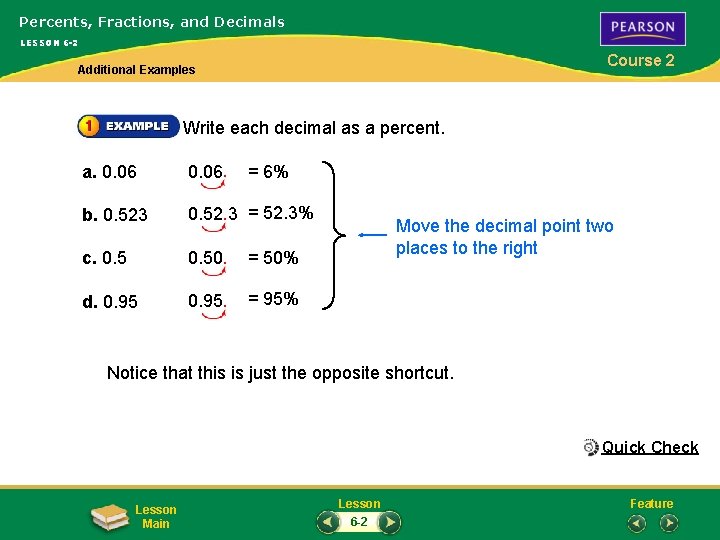 Percents, Fractions, and Decimals LESSON 6 -2 Course 2 Additional Examples Write each decimal