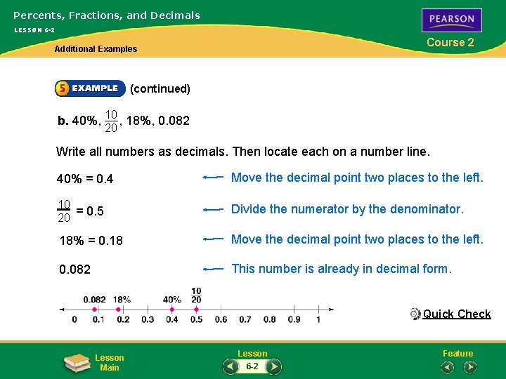 Percents, Fractions, and Decimals LESSON 6 -2 Course 2 Additional Examples (continued) b. 40%,