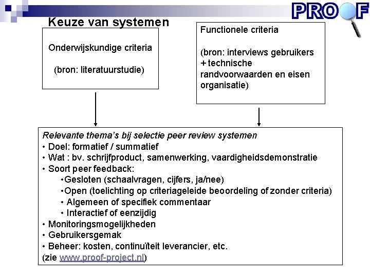 Keuze van systemen Onderwijskundige criteria (bron: literatuurstudie) Functionele criteria (bron: interviews gebruikers + technische