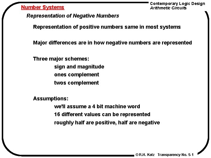 Contemporary Logic Design Arithmetic Circuits Number Systems Representation of Negative Numbers Representation of positive