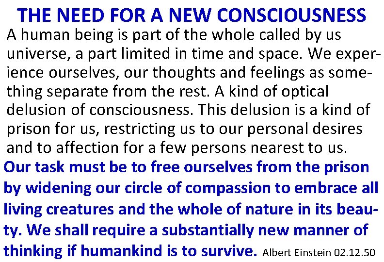 THE NEED FOR A NEW CONSCIOUSNESS A human being is part of the whole