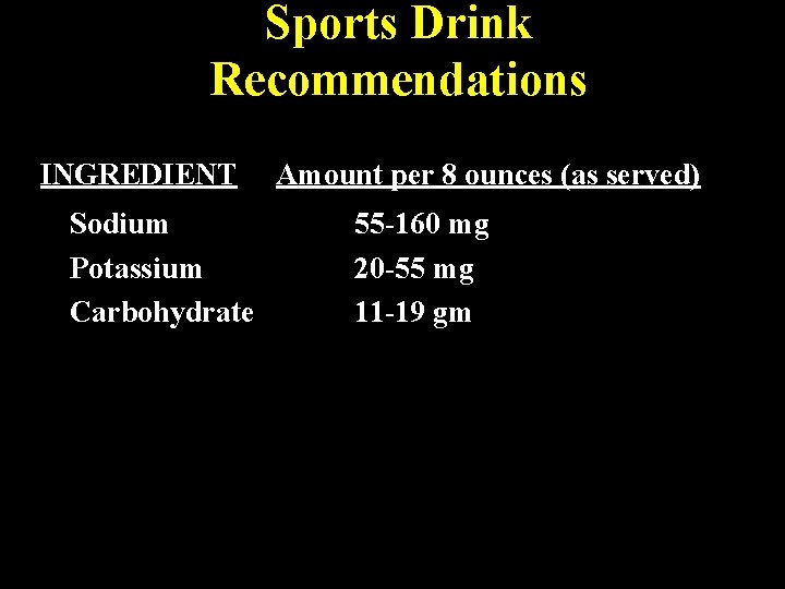 Sports Drink Recommendations INGREDIENT Sodium Potassium Carbohydrate Amount per 8 ounces (as served) 55