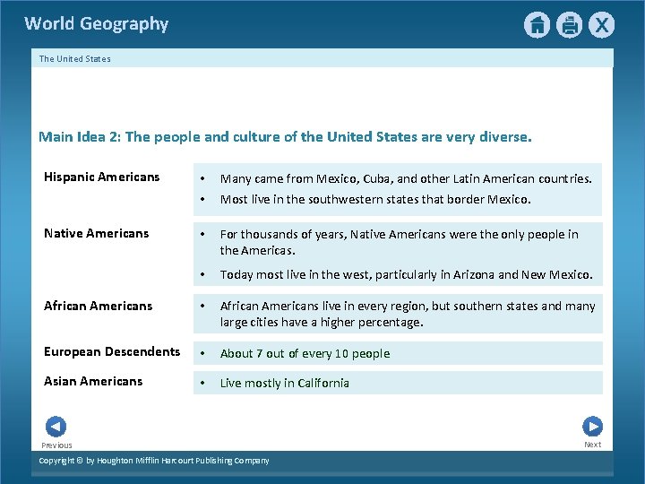 World Geography The United States Main Idea 2: The people and culture of the