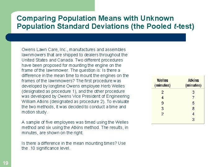 Comparing Population Means with Unknown Population Standard Deviations (the Pooled t-test) Owens Lawn Care,