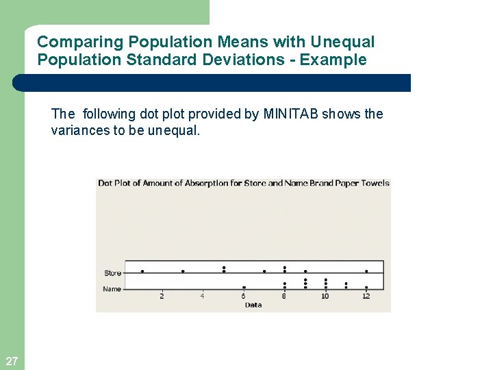 Comparing Population Means with Unequal Population Standard Deviations - Example The following dot plot