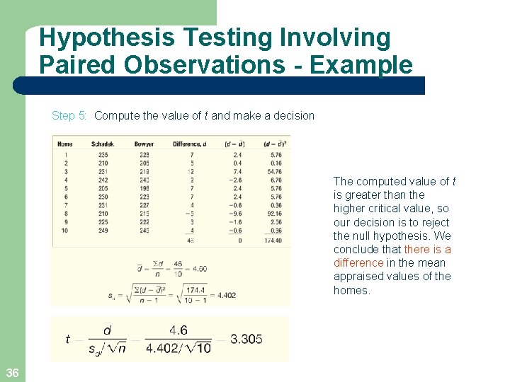Hypothesis Testing Involving Paired Observations - Example Step 5: Compute the value of t