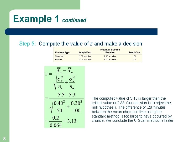 Example 1 continued Step 5: Compute the value of z and make a decision