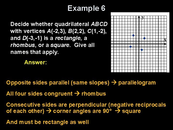 Example 6 Decide whether quadrilateral ABCD with vertices A(-2, 3), B(2, 2), C(1, -2),