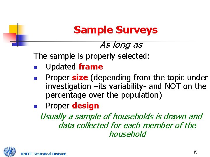 Sample Surveys As long as The sample is properly selected: n Updated frame n