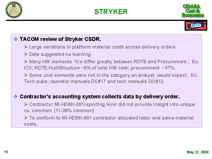 STRYKER Data v TACOM review of Stryker CSDR. Ø Large variations in platform material STRYKER Data v TACOM review of Stryker CSDR. Ø Large variations in platform material