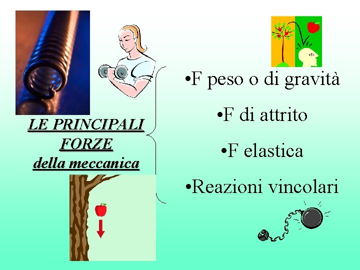  • F peso o di gravità LE PRINCIPALI FORZE della meccanica • F