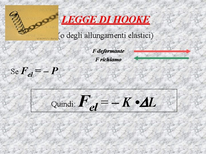 LEGGE DI HOOKE (o degli allungamenti elastici) F deformante F richiamo Se Fel =–P