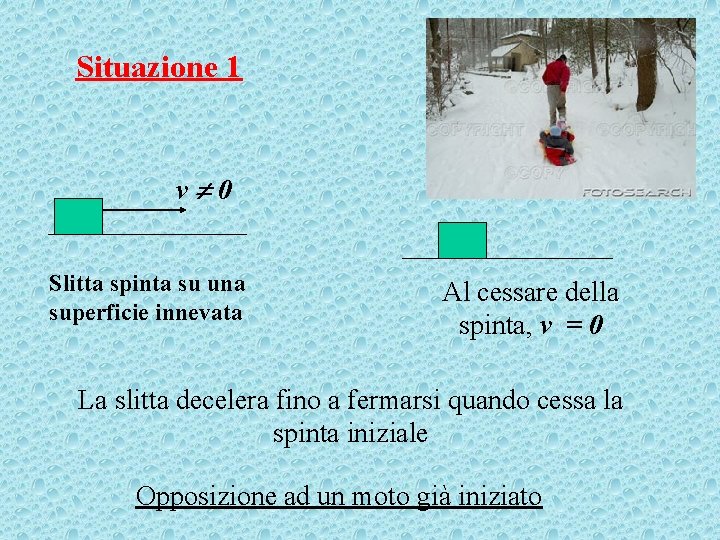 Situazione 1 v 0 Slitta spinta su una superficie innevata Al cessare della spinta,