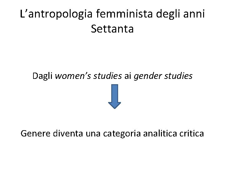 L’antropologia femminista degli anni Settanta Dagli women’s studies ai gender studies Genere diventa una