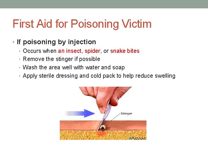 First Aid for Poisoning Victim • If poisoning by injection • Occurs when an