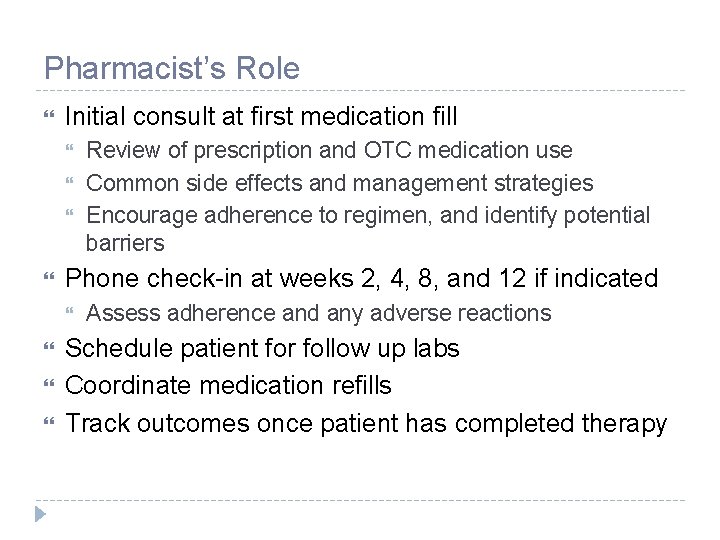 Pharmacist’s Role Initial consult at first medication fill Phone check-in at weeks 2, 4,