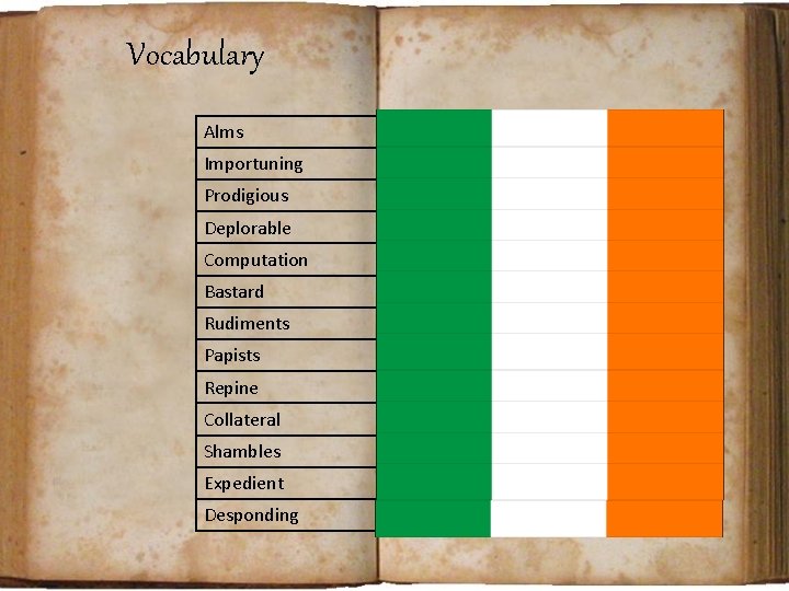 Vocabulary Alms Donations to charity Importuning Begging, improper soliciting Prodigious Large, massive Deplorable Cause